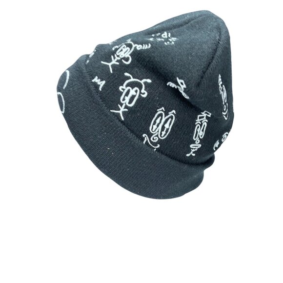 Sarah Sokol Millinery Black Beanie With White Cartoon Faces Design OS Adult Unis